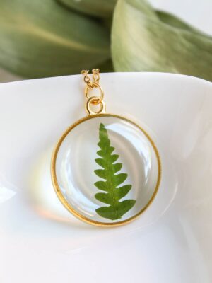 Real leaf necklace, Gold circle necklace, Delicate leaf necklace, Pressed fern necklace, Nature lover gift idea, Dainty gold circle necklace