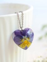 Dainty heart necklace, Pressed flower necklace, Purple heart necklace, Pansy necklace, Small flower necklace, Heart shaped pendant necklace