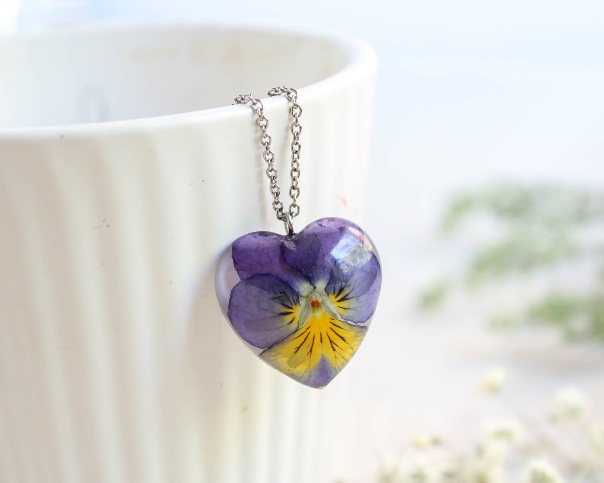 Dainty heart necklace, Pressed flower necklace, Purple heart necklace, Pansy necklace, Small flower necklace, Heart shaped pendant necklace