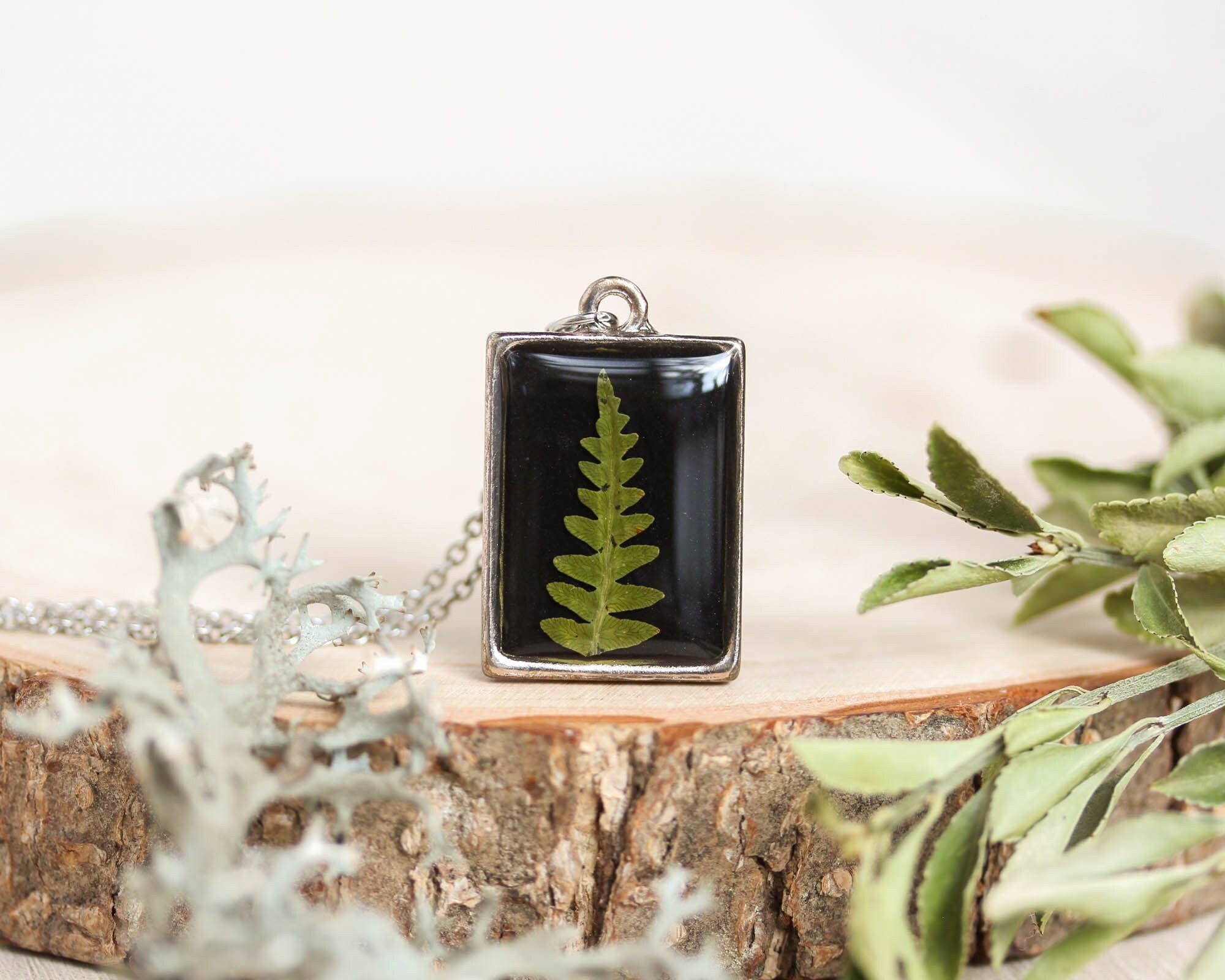Black rectangle necklace, Real leaf necklace, Reversible necklace, Bohemian layer necklace, For nature lover gift, Square necklace pendant