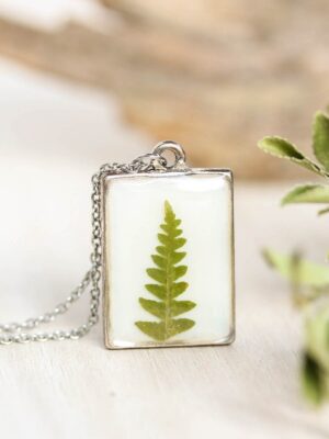 Rectangular pendant necklace, Pressed leaf necklace, Nature gifts for men, Double sided pendant, White necklace for men, Nature necklace men