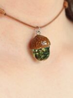 Nature Choker Necklace with Real Acorn and Green Moss