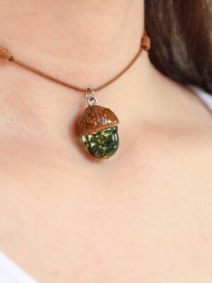 Real Acorn Necklace Choker with Real Moss in Resin