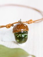 Nature Choker Necklace with Real Acorn and Green Moss