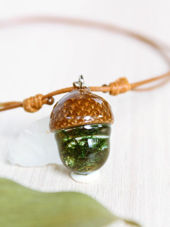 Nature Choker Necklace with Real Acorn and Green Moss