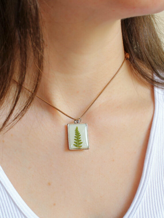 Botanical Choker Necklace with Fern – Black Rectangle Pendant