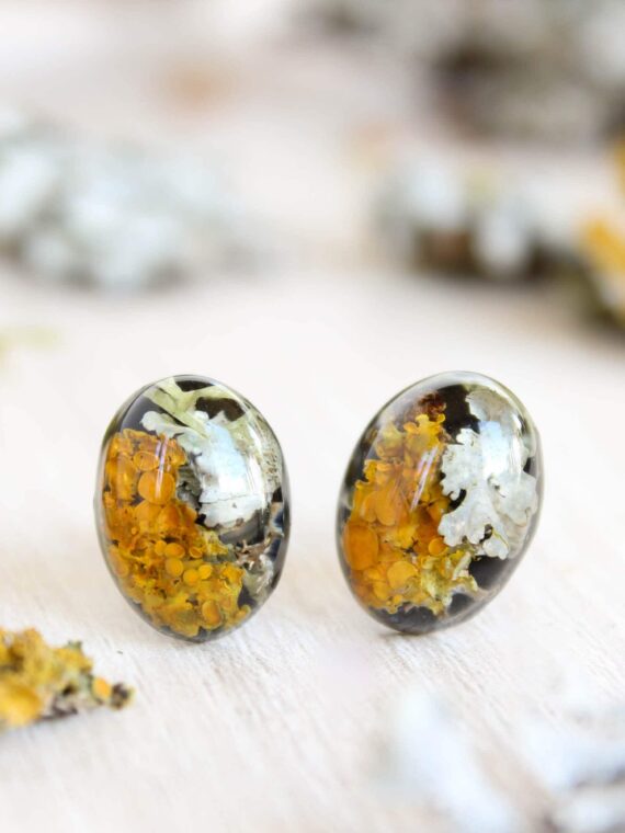 Organic earrings, Moss lichen jewelry, Tiny stud earrings, Oval stud earrings, Boho post earrings, Natural stud earrings, Birthday gift idea