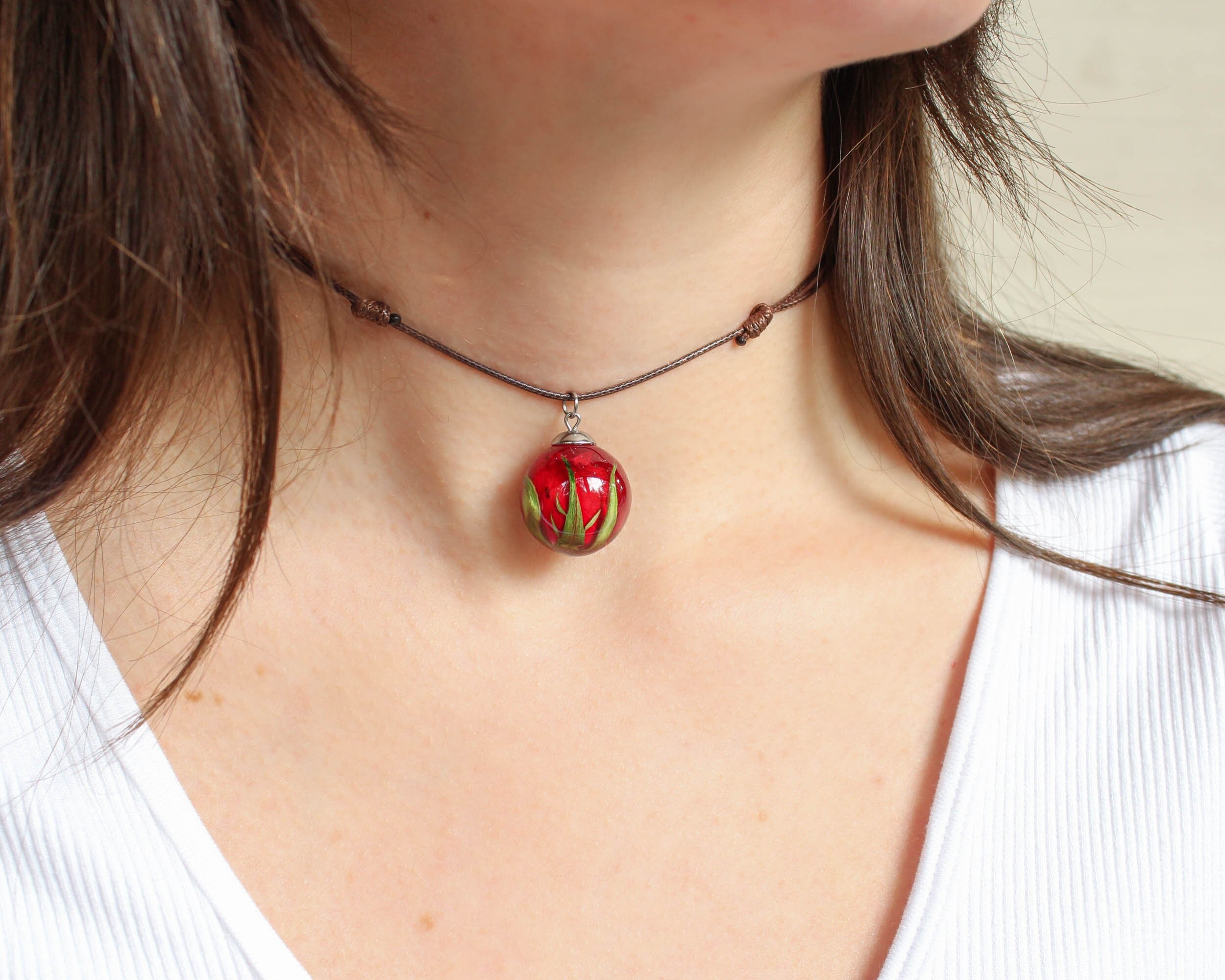 Adjustable Choker Necklace with Red Rose Flower Pendant