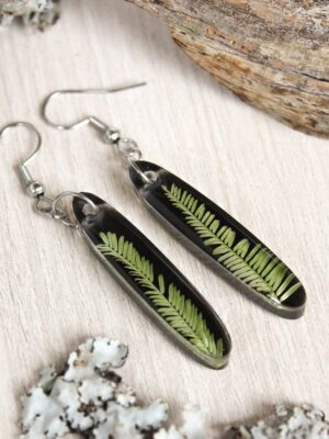 Long earrings dangle, Pressed leaf earrings, Botanical jewelry, Black boho earrings, Nature lover gift idea for women, Vertical bar earrings