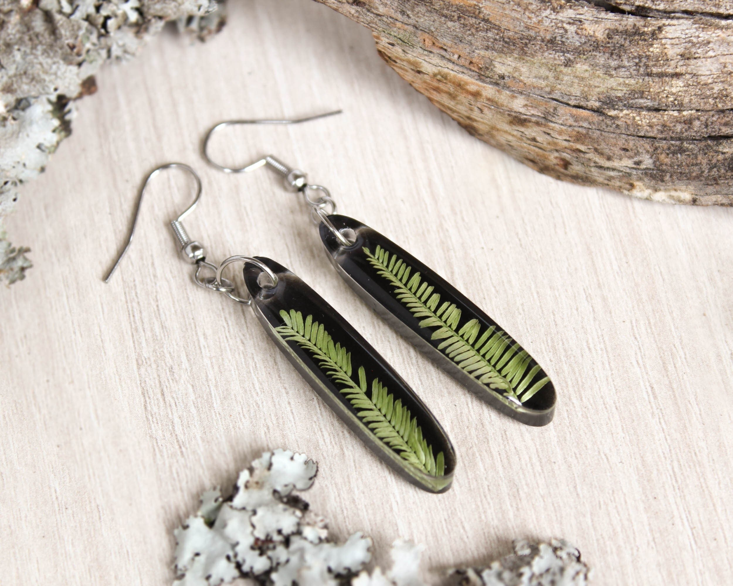 Long earrings dangle, Pressed leaf earrings, Botanical jewelry, Black boho earrings, Nature lover gift idea for women, Vertical bar earrings
