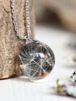 Minimalist black necklace, Real dandelion seed necklace, Tiny black pendant necklace, Dainty charm necklace, Terrarium necklace, Make a wish