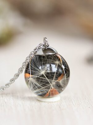 Minimalist black necklace, Real dandelion seed necklace, Tiny black pendant necklace, Dainty charm necklace, Terrarium necklace, Make a wish