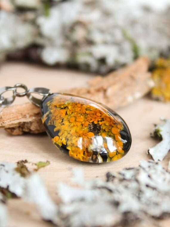 Terrarium lichen necklace, Pressed plant necklace, Woodland lover necklace, Teardrop pendant necklace, Organic jewelry, Orange moss necklace
