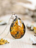 Terrarium lichen necklace, Pressed plant necklace, Woodland lover necklace, Teardrop pendant necklace, Organic jewelry, Orange moss necklace