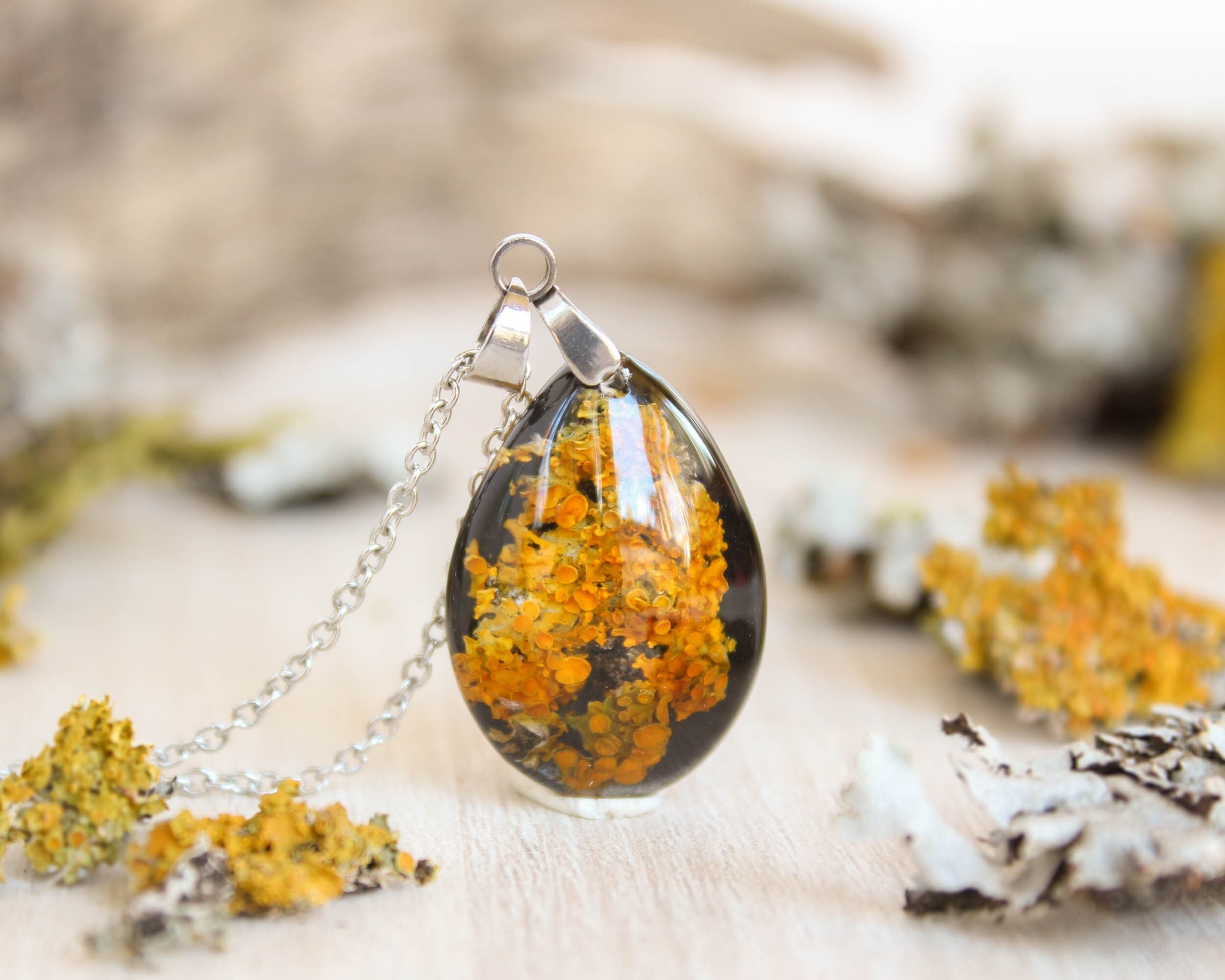 Terrarium lichen necklace, Pressed plant necklace, Woodland lover necklace, Teardrop pendant necklace, Organic jewelry, Orange moss necklace