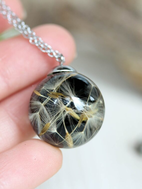 Dandelion wish necklace, Real dandelion seed necklace, Terrarium necklace, Black pendant necklace, Dandelion resin jewelry, Make a wish