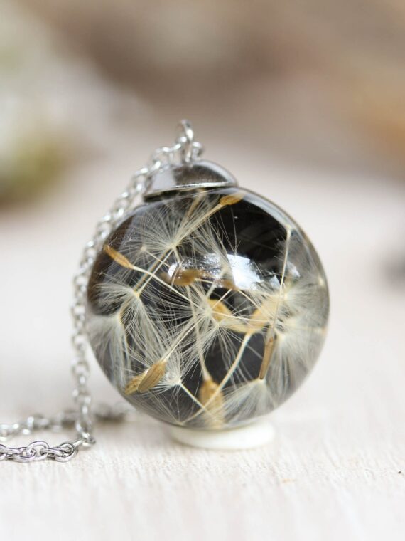 Dandelion wish necklace, Real dandelion seed necklace, Terrarium necklace, Black pendant necklace, Dandelion resin jewelry, Make a wish