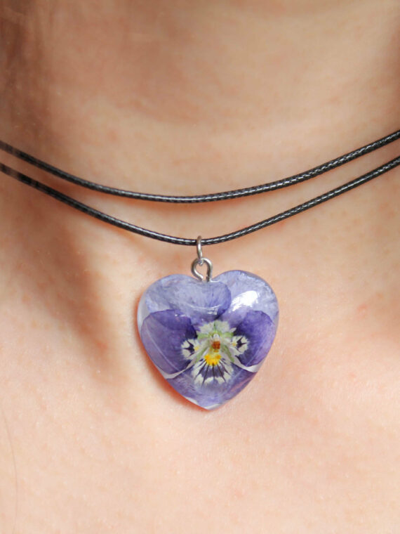 Purple Pansy Flower Choker, Black Cord Necklace with Pendant