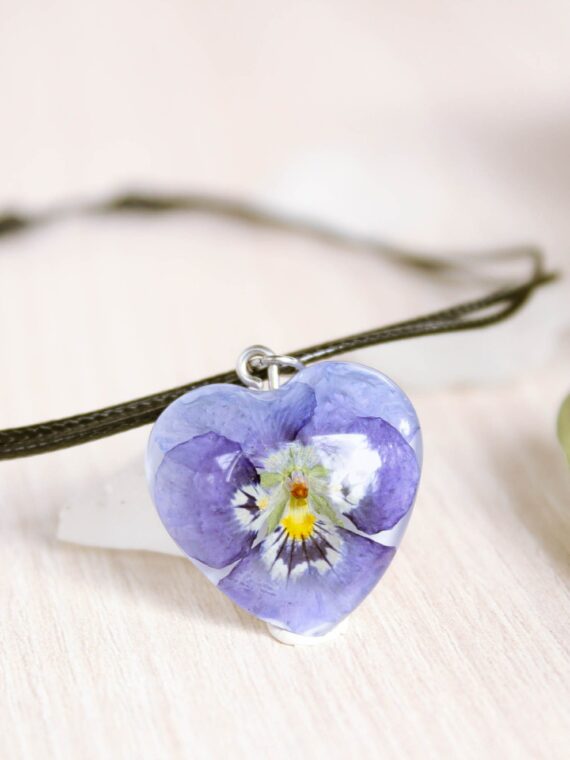 Purple Pansy Flower Choker, Black Cord Necklace with Pendant