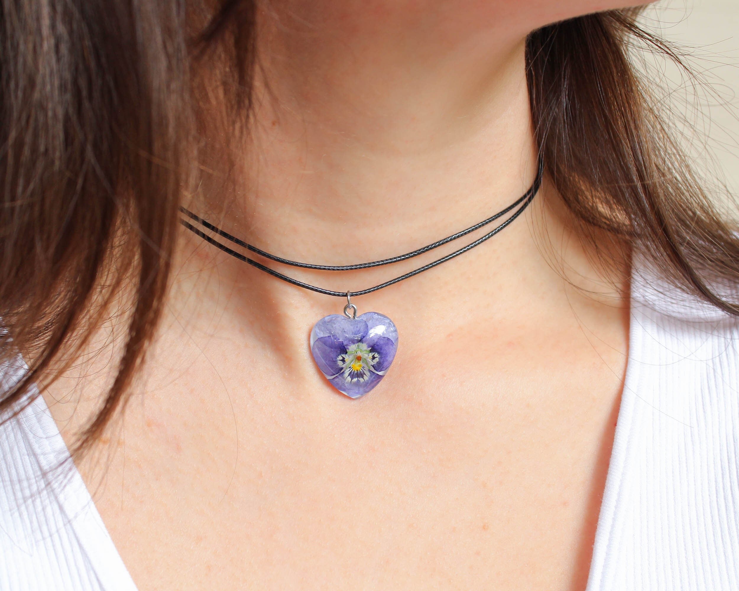 Purple Pansy Flower Choker, Black Cord Necklace with Pendant