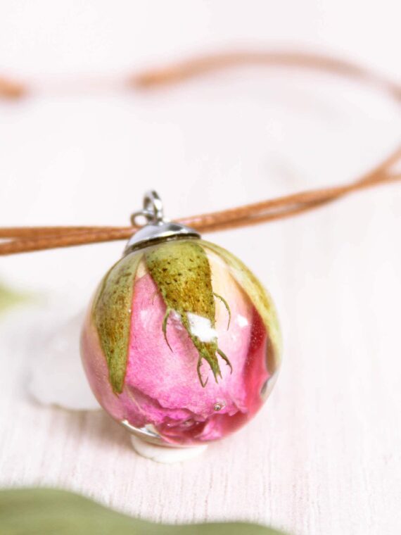 Double Layer Choker Necklace with Dried Rosebud in Resin