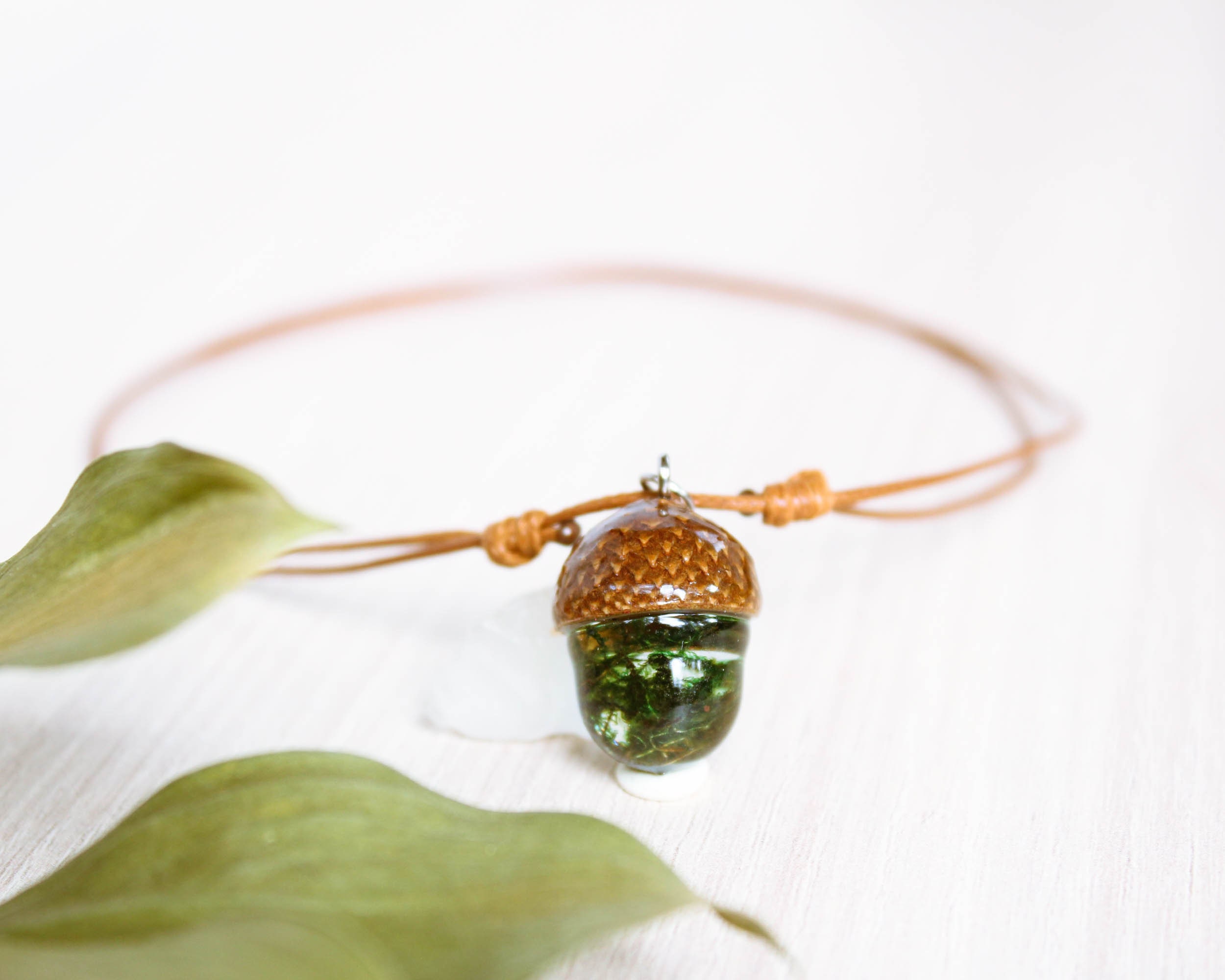 Nature Choker Necklace with Real Acorn and Green Moss