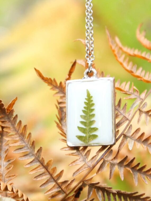 Botanical Choker Necklace with Fern – Black Rectangle Pendant