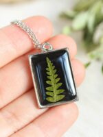 Botanical Choker Necklace with Fern – Black Rectangle Pendant