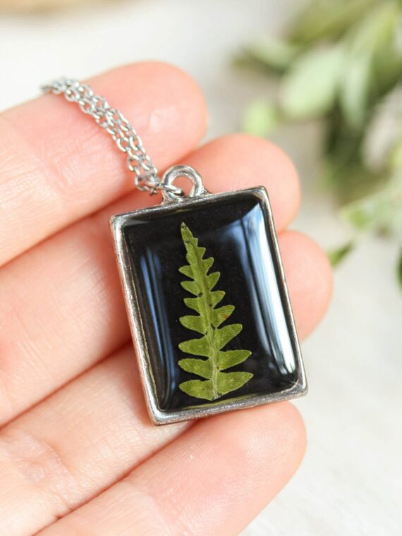 Botanical Choker Necklace with Fern – Black Rectangle Pendant