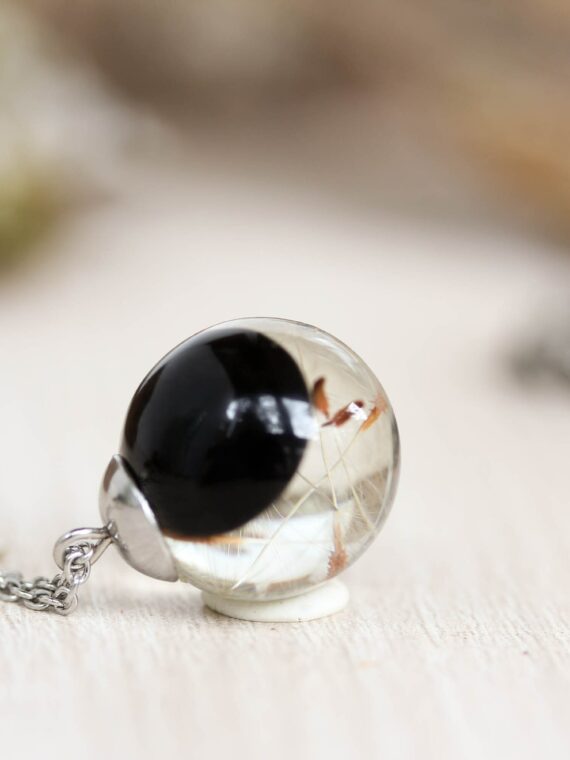 Minimalist black necklace, Real dandelion seed necklace, Tiny black pendant necklace, Dainty charm necklace, Terrarium necklace, Make a wish