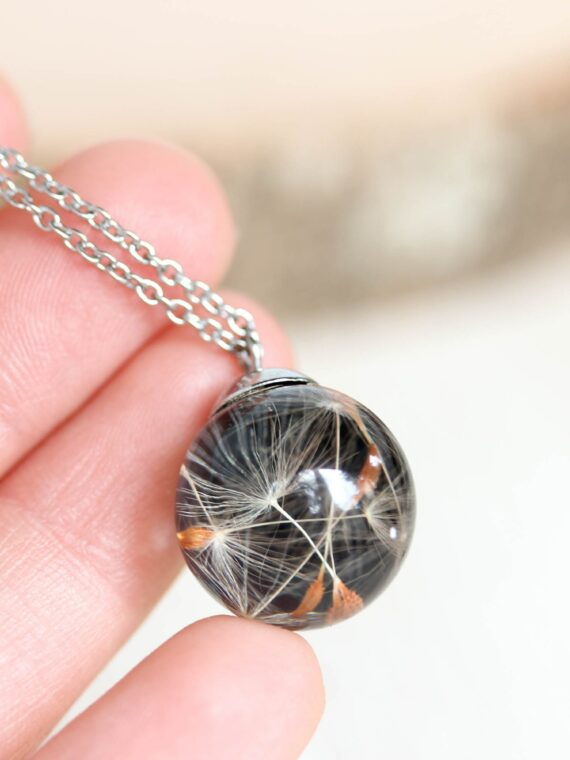 Minimalist black necklace, Real dandelion seed necklace, Tiny black pendant necklace, Dainty charm necklace, Terrarium necklace, Make a wish
