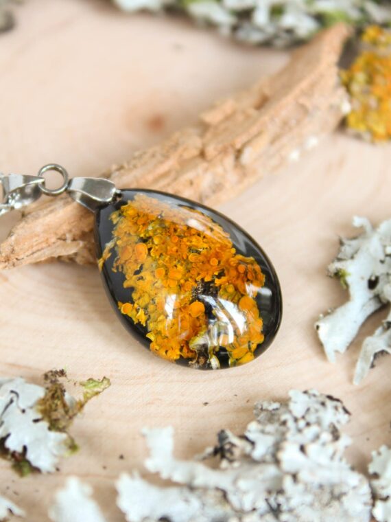 Terrarium lichen necklace, Pressed plant necklace, Woodland lover necklace, Teardrop pendant necklace, Organic jewelry, Orange moss necklace
