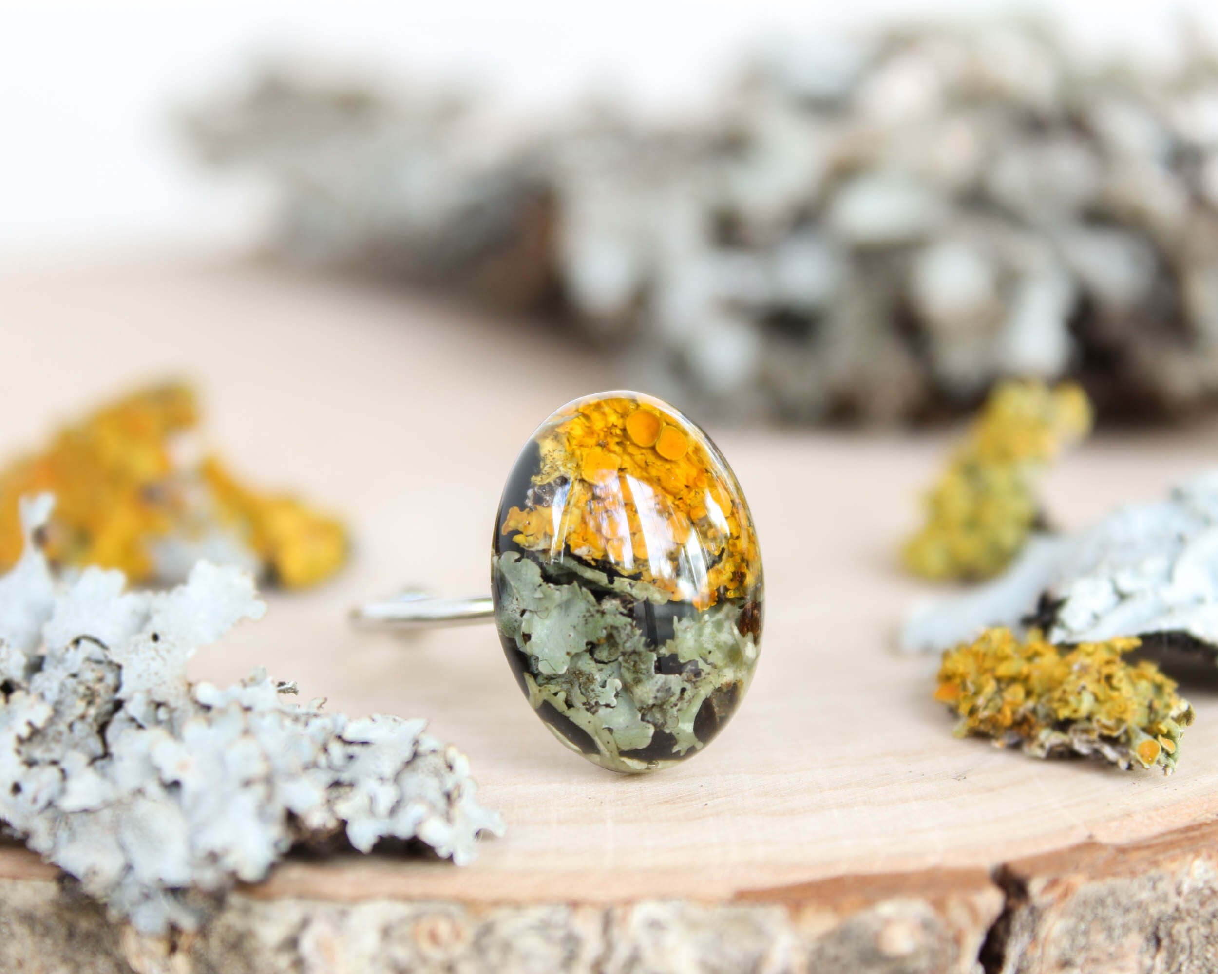 Nature inspired ring, Real lichen moss ring in resin, Terrarium ring, Oval minimalist ring, Adjustable ring for women, Forest inspired ring