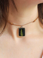 Botanical Choker Necklace with Fern – Black Rectangle Pendant