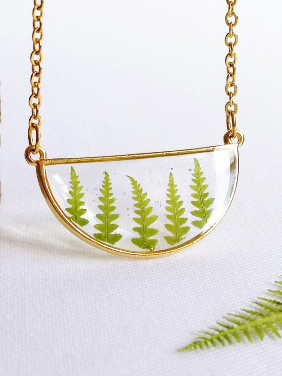 Botanical necklace, Pressed fern necklace, Minimalist geometric necklace, Terrarium necklace, Real plant jewelry, Semicircle necklace