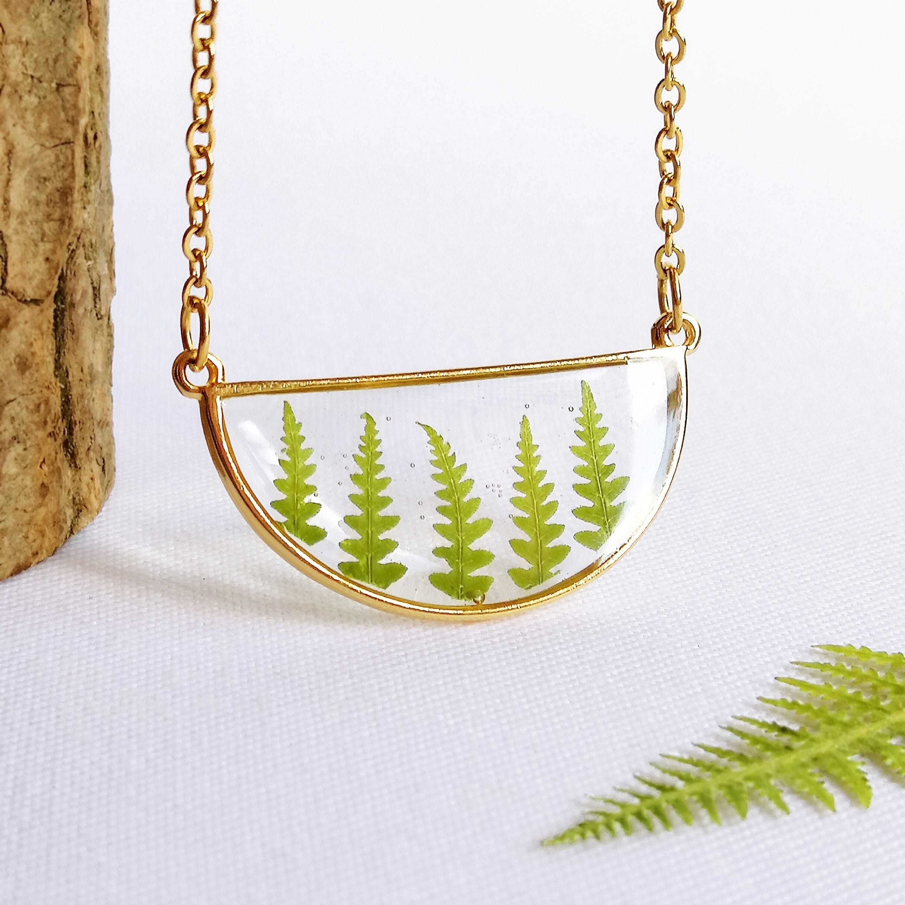 Botanical necklace, Pressed fern necklace, Minimalist geometric necklace, Terrarium necklace, Real plant jewelry, Semicircle necklace