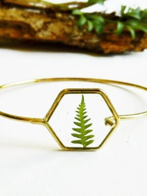 Geometric bracelet, Fern resin bracelet, Hexagon bracelet, Simple gold bracelet, Geometric jewelry, Solid bracelet gold, Unique gift for her