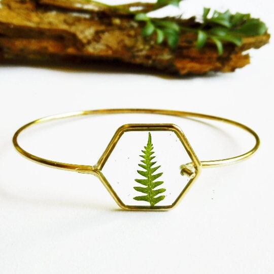 Geometric bracelet, Fern resin bracelet, Hexagon bracelet, Simple gold bracelet, Geometric jewelry, Solid bracelet gold, Unique gift for her