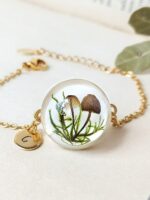 Personalized Initial Bracelet with Pressed Mushroom and Plants