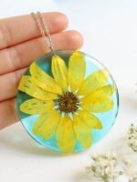 Big flower necklace, Pressed flower pendant necklace, Yellow flower necklace, Light blue necklace, Statement necklace for women, Sunflower