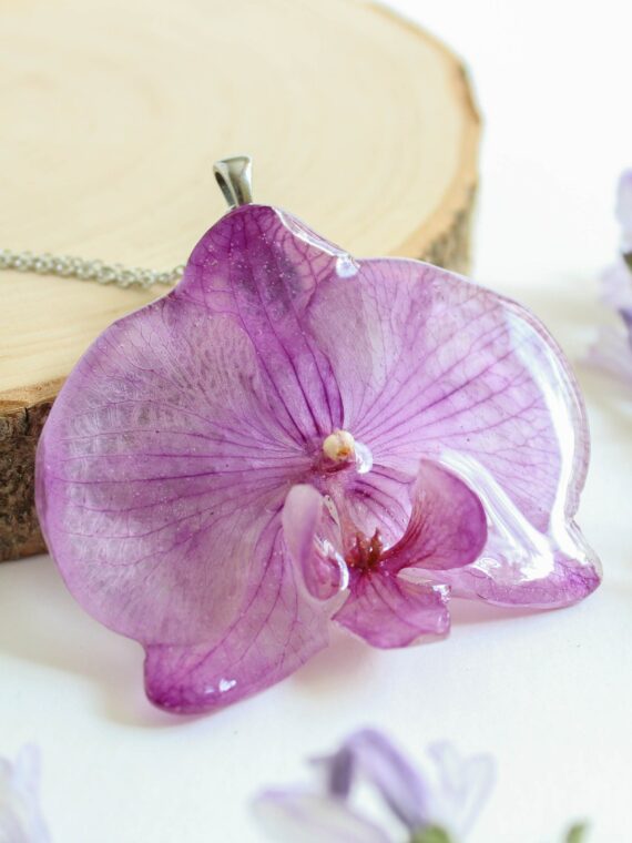 Pressed Orchid Flower Necklace - Large Purple Flower Necklace