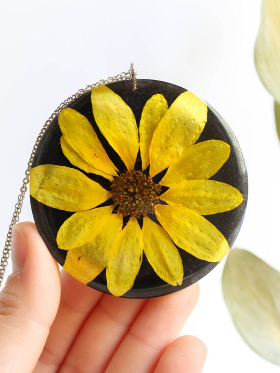 Sunflower necklace, Real flower necklace, Yellow floral necklace, 30 birthday gift for women, Sun flower jewelry, Nature inspired necklace