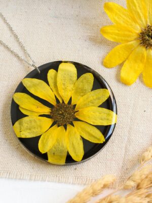 Sunflower necklace, Real flower necklace, Yellow floral necklace, 30 birthday gift for women, Sun flower jewelry, Nature inspired necklace