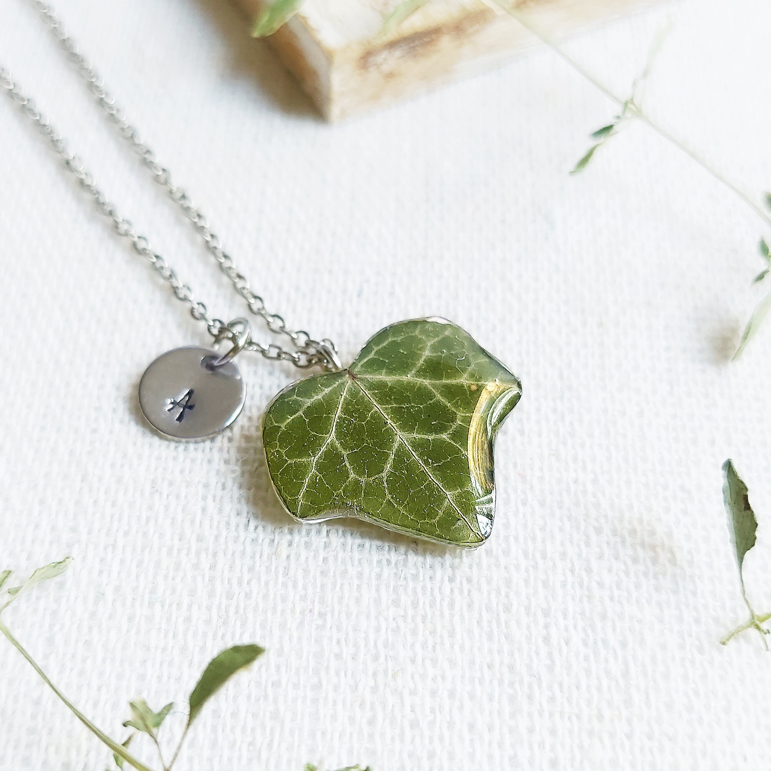 Custom initial necklace, Pressed leaf necklace, Botanical necklace, Dainty leaf necklace, Custom gift for women, Green leaf necklace
