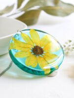 Big flower necklace, Pressed flower pendant necklace, Yellow flower necklace, Light blue necklace, Statement necklace for women, Sunflower