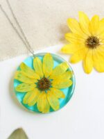 Big flower necklace, Pressed flower pendant necklace, Yellow flower necklace, Light blue necklace, Statement necklace for women, Sunflower