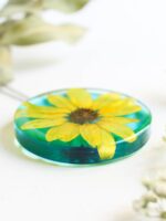 Big flower necklace, Pressed flower pendant necklace, Yellow flower necklace, Light blue necklace, Statement necklace for women, Sunflower