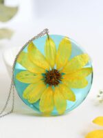 Big flower necklace, Pressed flower pendant necklace, Yellow flower necklace, Light blue necklace, Statement necklace for women, Sunflower