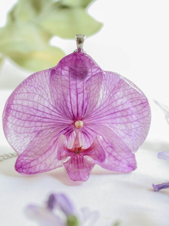 Pressed Orchid Flower Necklace - Large Purple Flower Necklace