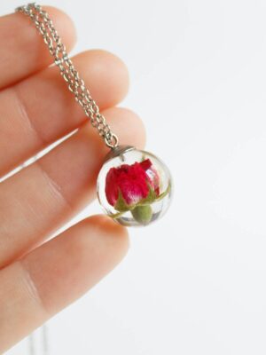 Red Rosebud Pendant Necklace - Tiny Flower Jewelry